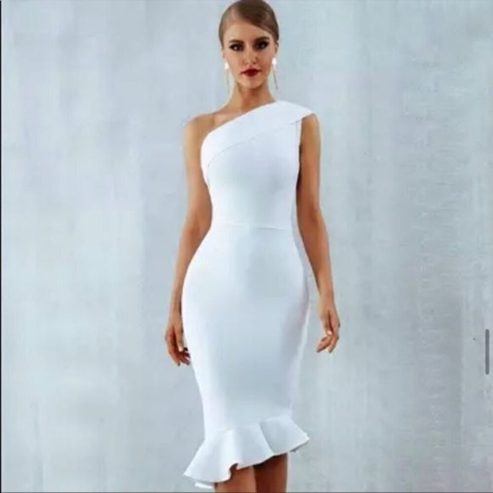 White One Shoulder Bandage Bodycon Knee Length Ruffle Hem Cocktail Dress M